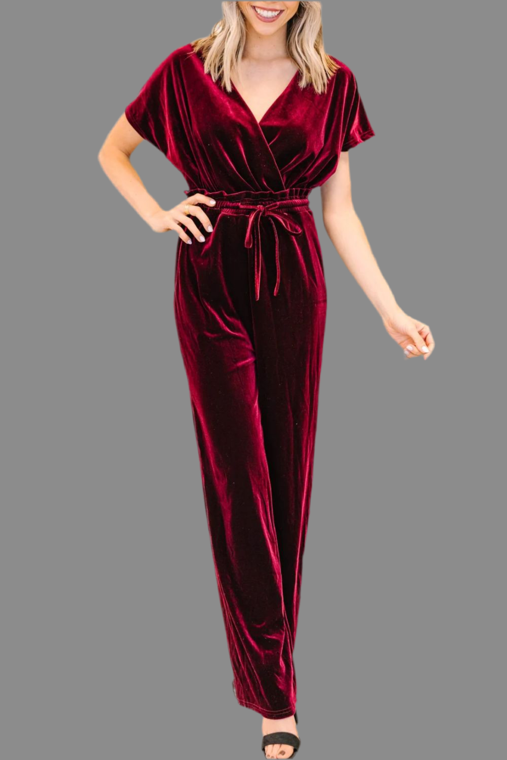 Drawstring Surplice Short Sleeve Velvet Jumpsuit