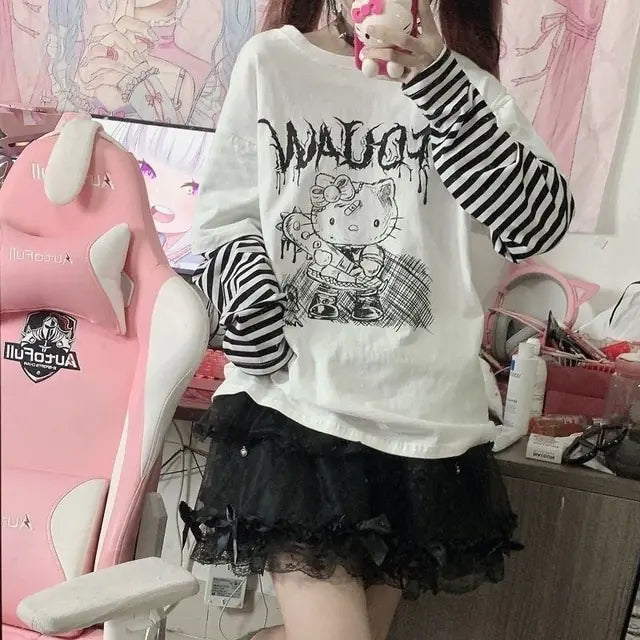 Sanrio Clothes Hello Kitty Patchwork Stripe Long Sleeves Top Y2k Girls Aesthetic Tops