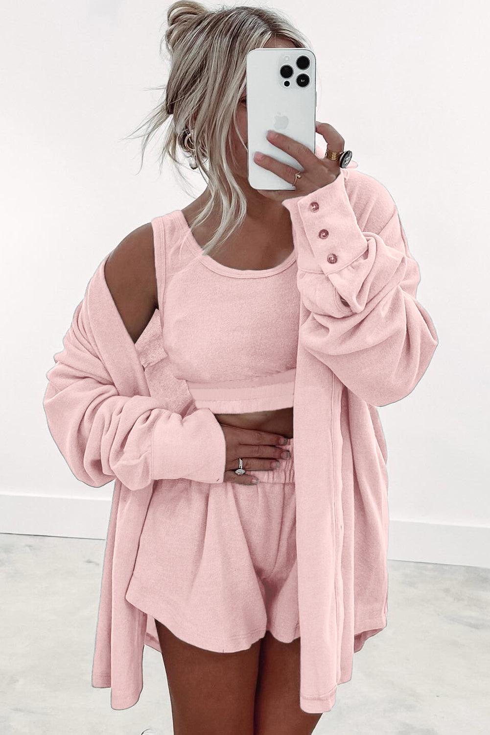 Light Pink 3 Pc Crop Tank Top Shorts with Cardigan Lounge Set