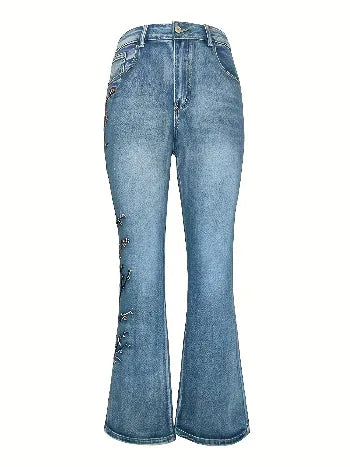 Retro Floral Embroidered Boot Cut Jeans Bazaare Mart Embroidered Boot Cut Jeans