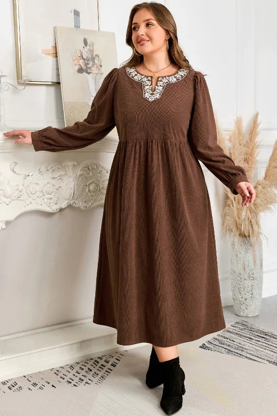 Coffee Embroidered Notched Neck Textured Midi Dress Bazaare Mart Plus Size/Plus Size Dresses/Plus Size Midi Dresses