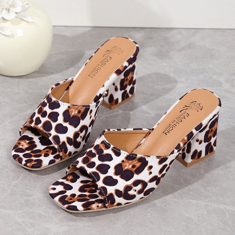 Leopard Square Toe Chunky Heel Sandals