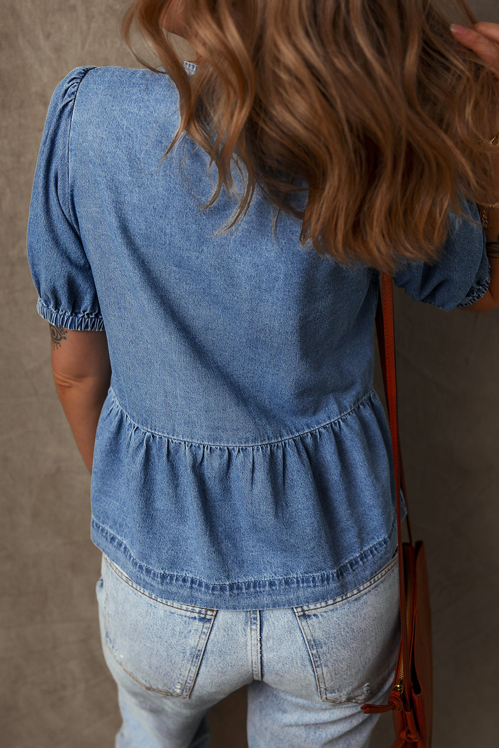 Blue Bow Front Bubble Sleeve Peplum Denim Shirt