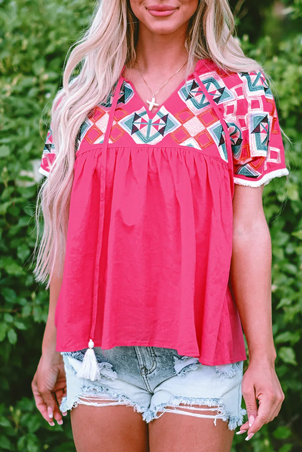Strawberry Geo Embroidered Tassel Tie Blouse Bazaare Mart Tops/Blouses & Shirts