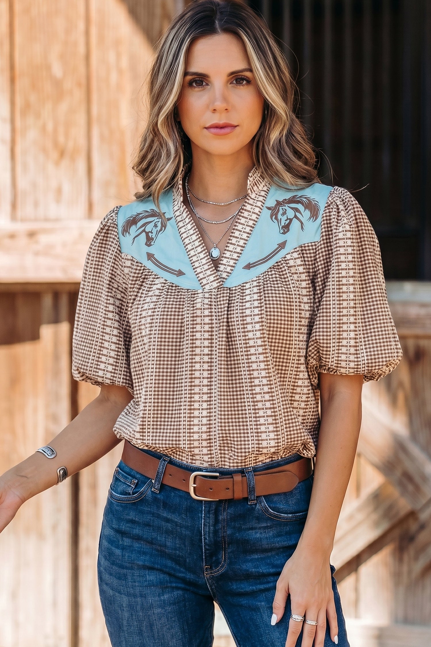 Western Horse Embroidered Gingham Blouse – Puff Sleeve Rustic Summer Top Dear-Lover Dropshipping Tops/Blouses & Shirts