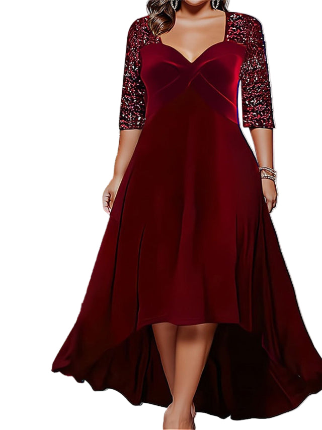 Elegant Sweetheart Neck 3/4 Sequin Sleeve Velvet High Low Midi Dress