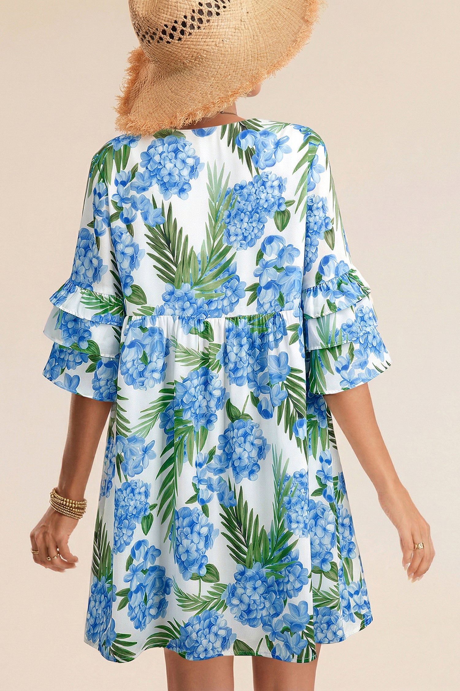 Sky Blue Floral Mini Dress – Ruffle Sleeve Tie Neck Summer Dress Dear-Lover Dropshipping Dresses/Floral Dresses