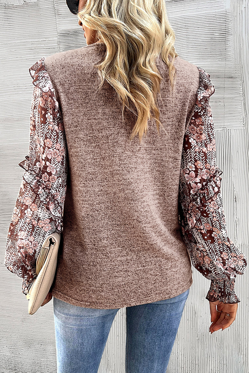 Pale Chestnut Sheer Floral Sleeve Crew Neck Top