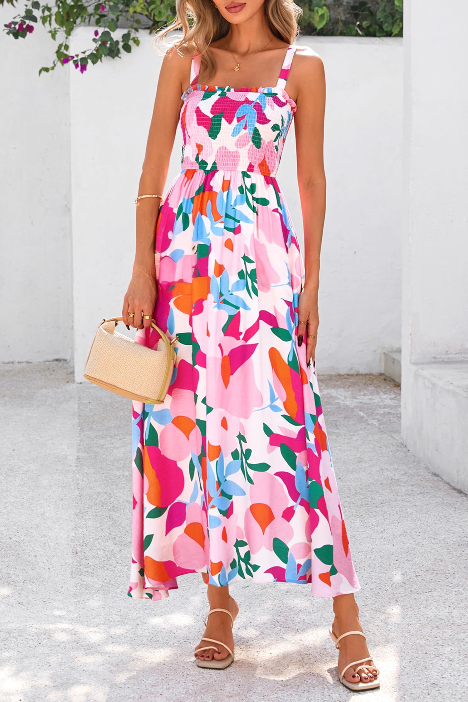 Retro Pink Floral Adjustable Straps Smocked High Waist Sundress Dear-Lover Dropshipping Dresses/Floral Dresses