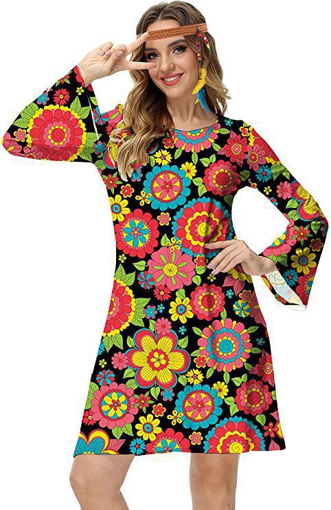 Retro Hippie Bell Sleeve Mini Dress – Boho Geometric Print High Waist Dress Vintage Skirt 12 CJ Dropshipping Retro Hippie Dress