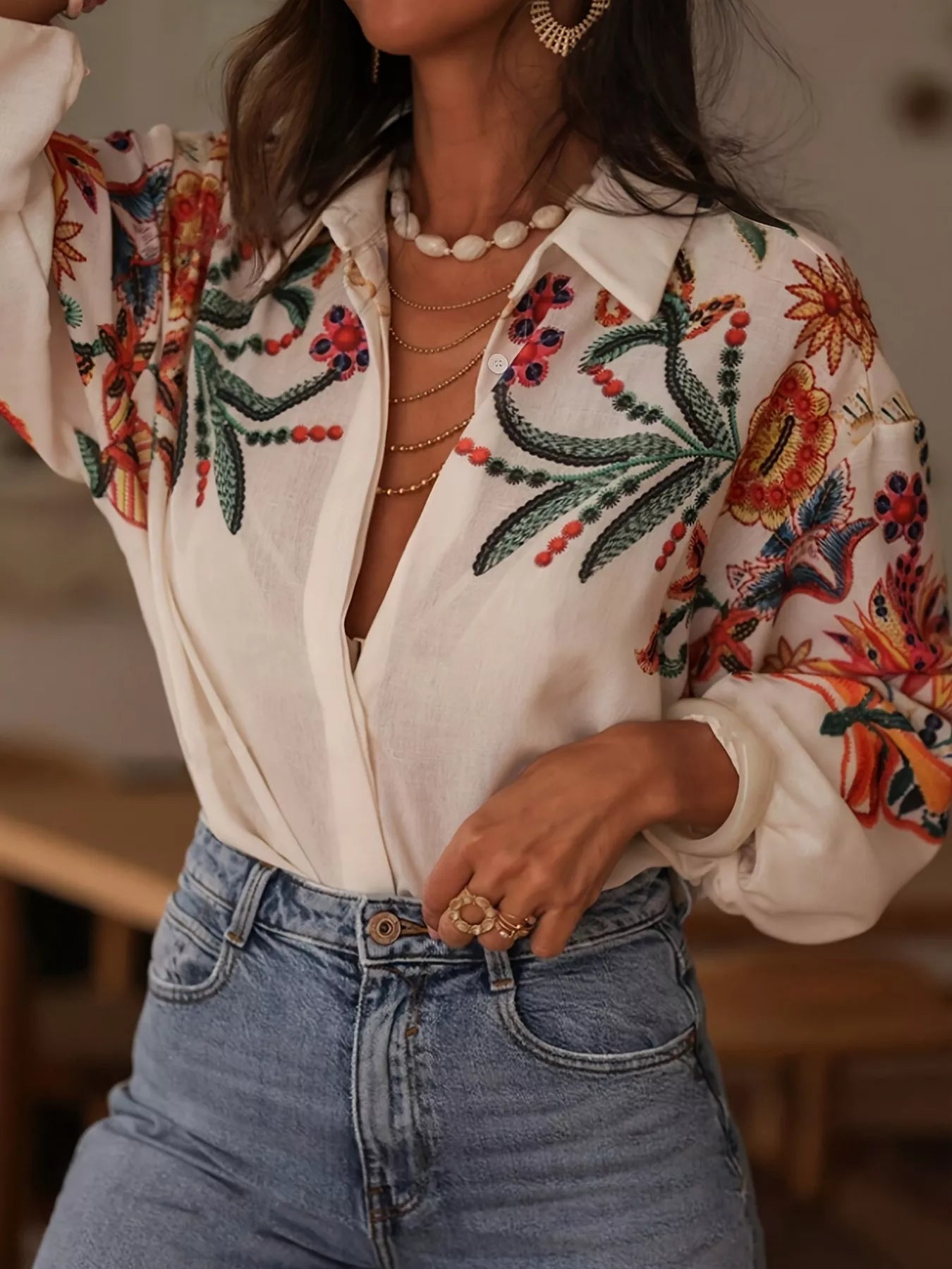 Embroidered Floral Button Up Long Sleeve Shirt Bazaare Mart Floral Button Up Long Sleeve Shirt