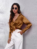 Satin Long Sleeve Button Up Blouse Caramel Trendsi Gold Satin Long Sleeve Shirt