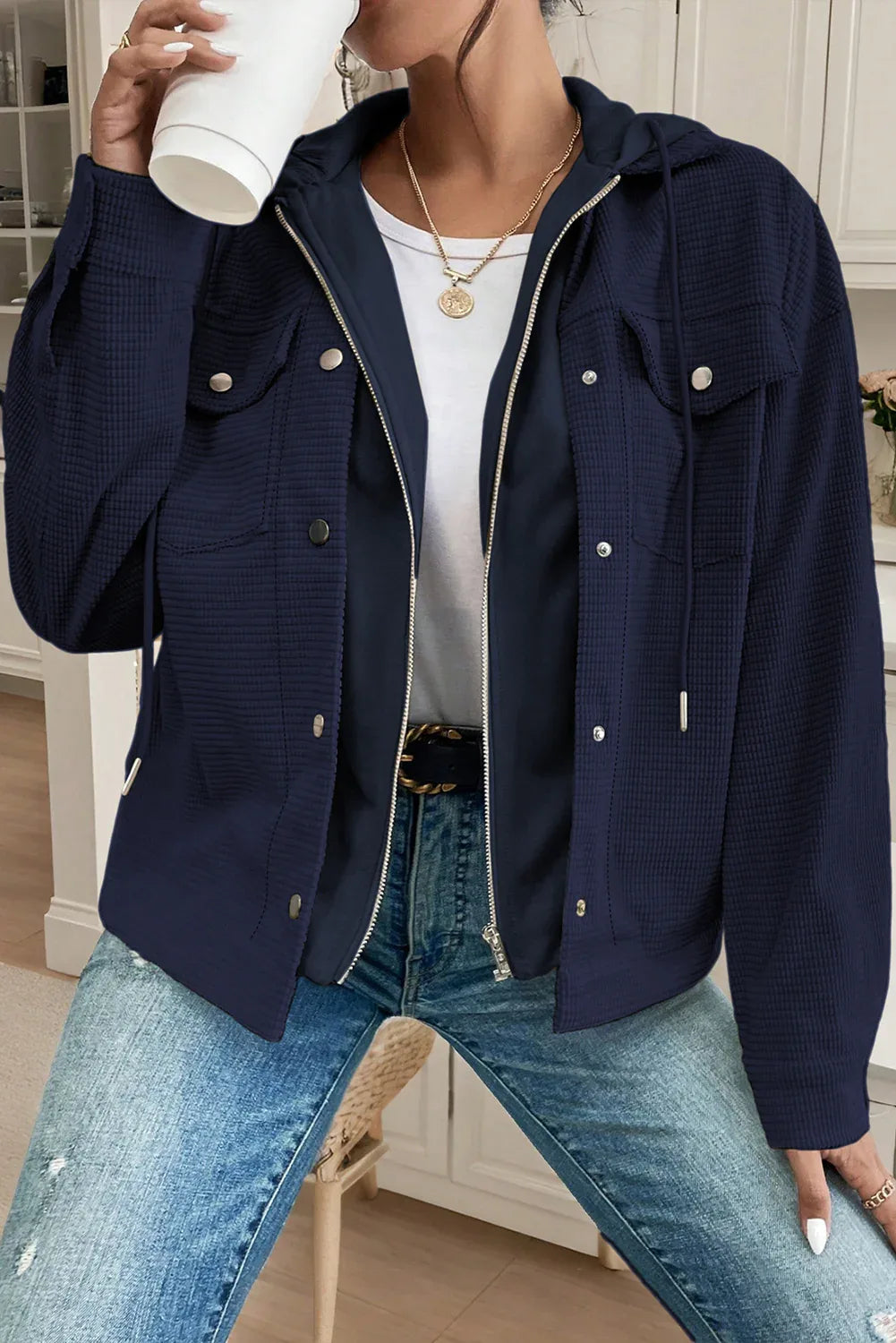 Navy Blue 2 in 1 Thermal Knit Textured Hooded Jacket