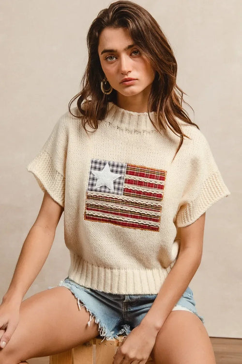 BiBi American Flag Patchwork Drop Shoulder Sweater OATMEAL Trendsi BiBi American Flag Patchwork Drop Shoulder Sweater