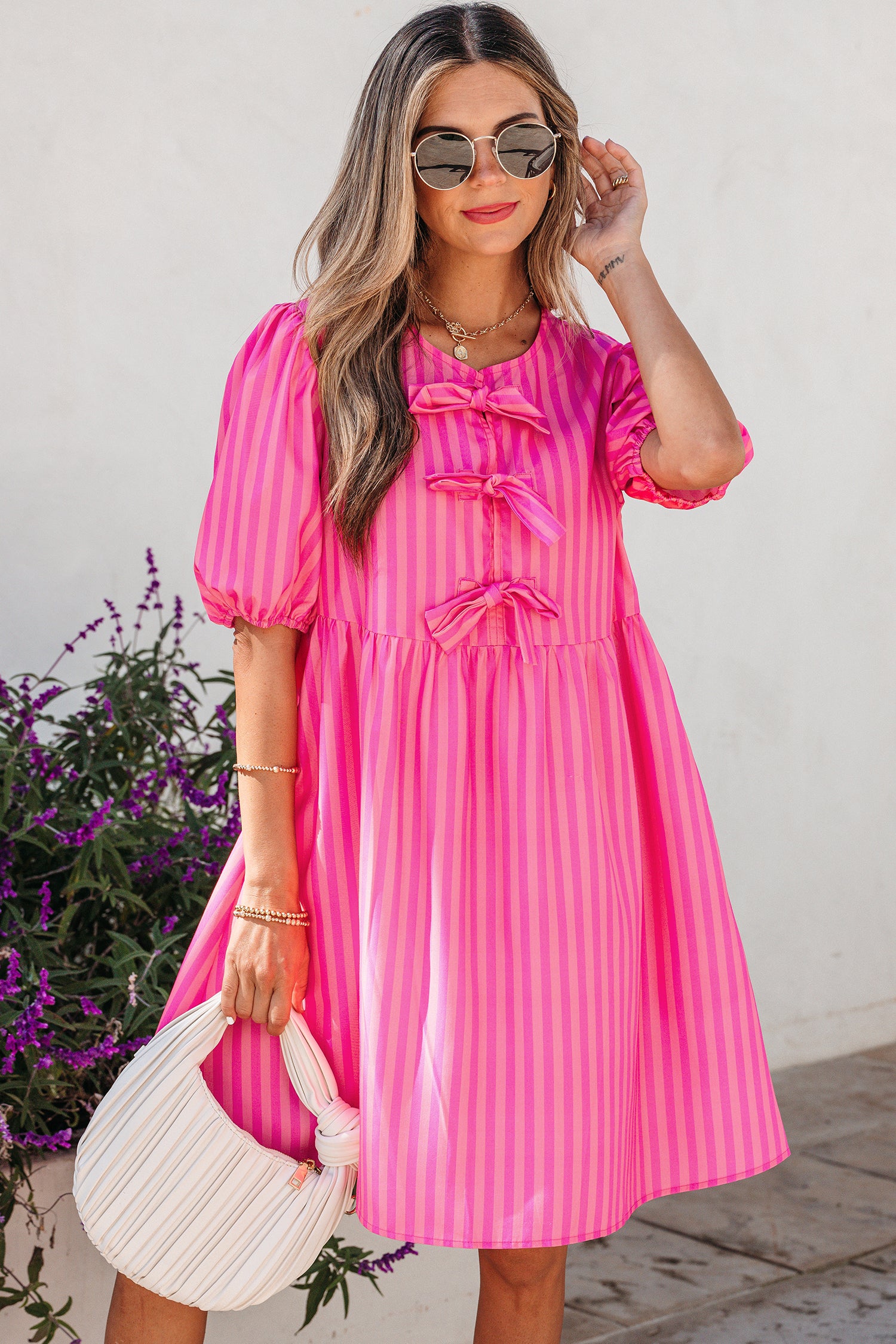 Rose Striped Print Bow Detail Short Puff Sleeve Mini Dress Rose 100%Polyester Dear-Lover Dropshipping Dresses/Mini Dresses