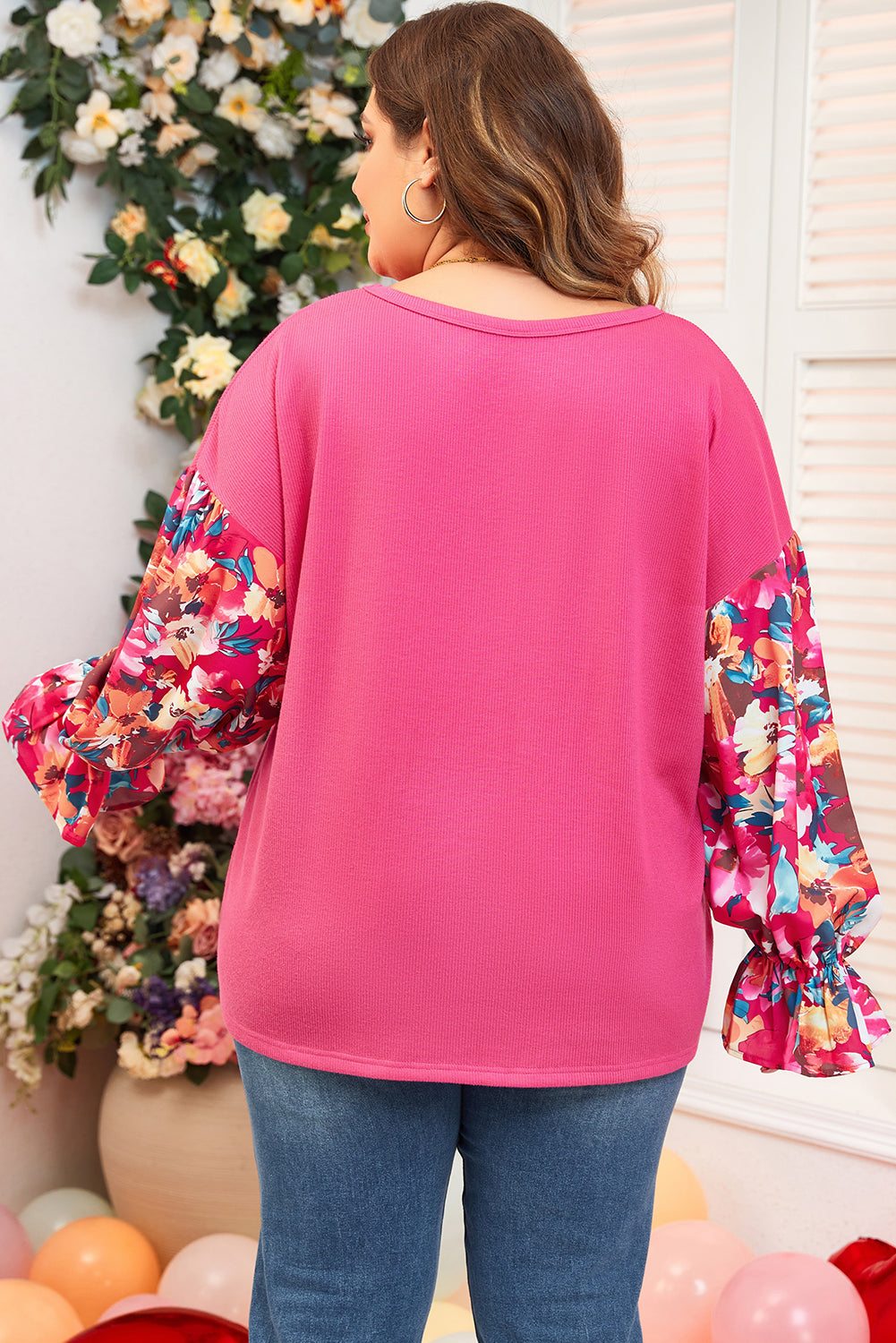 Bright Pink Floral Patchwork Flounce Sleeve Rib Knit Plus Top Dear-Lover Dropshipping Plus Size/Plus Size Tops/Plus Size Long Sleeve Tops