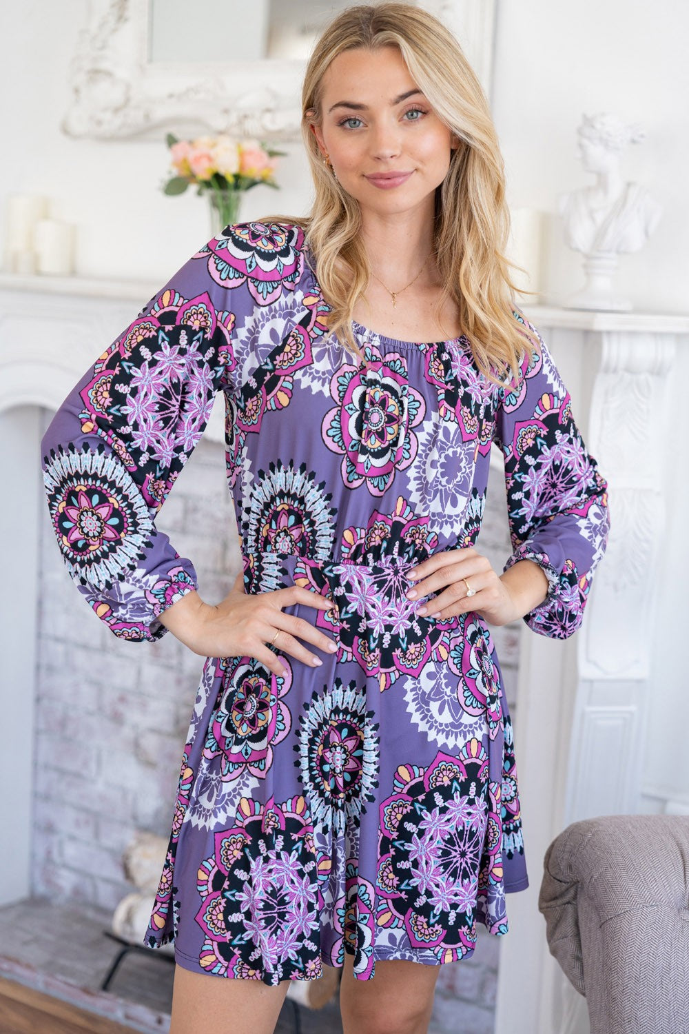 Purple Paisley Long Sleeve Mini Dress