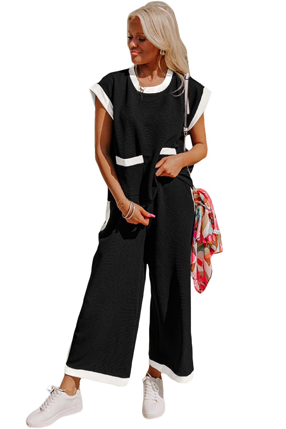 B&W T-Shirt and Wide Leg Pants Set