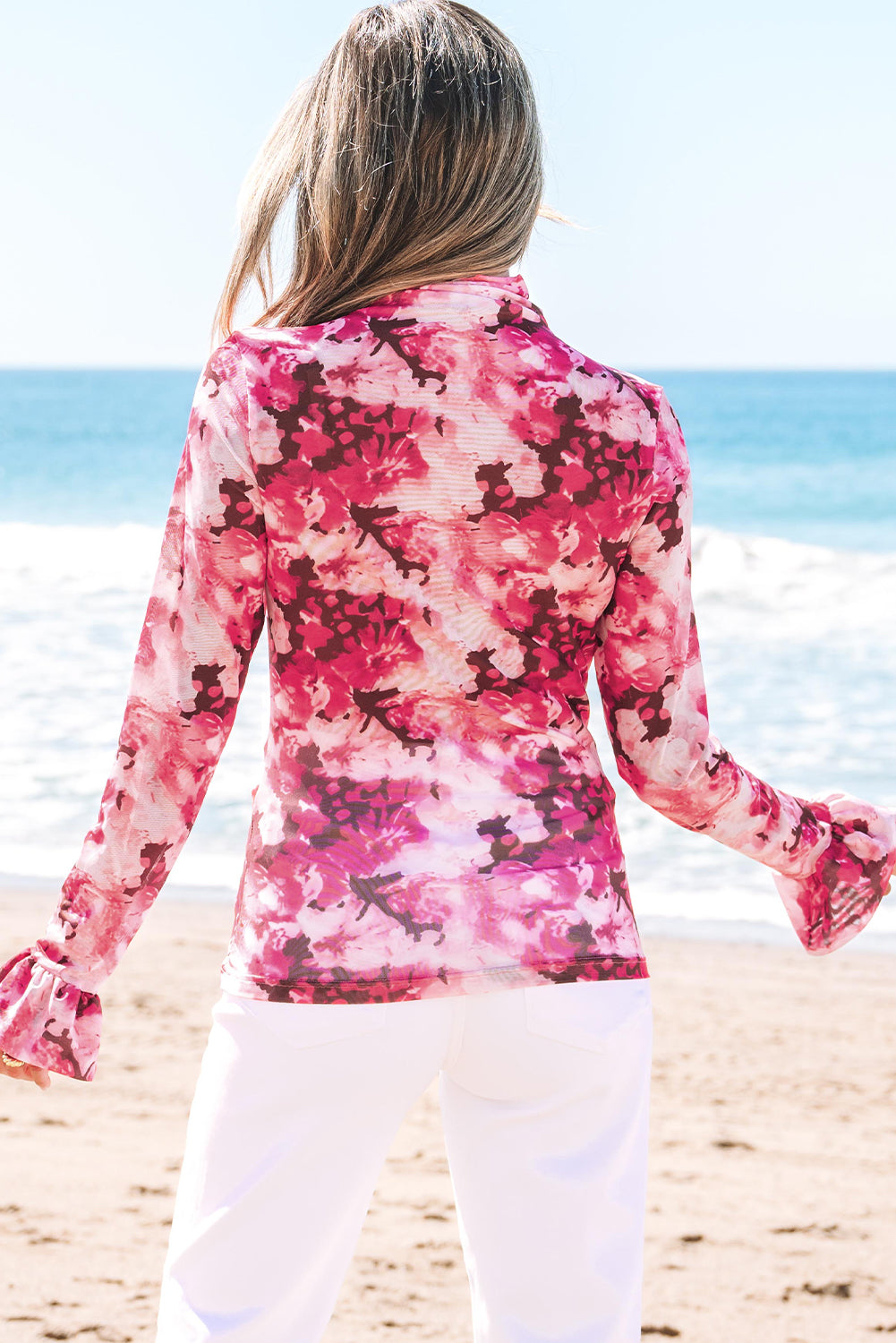 Floral Mesh Ruffle Sleeve Mock Neck Blouse
