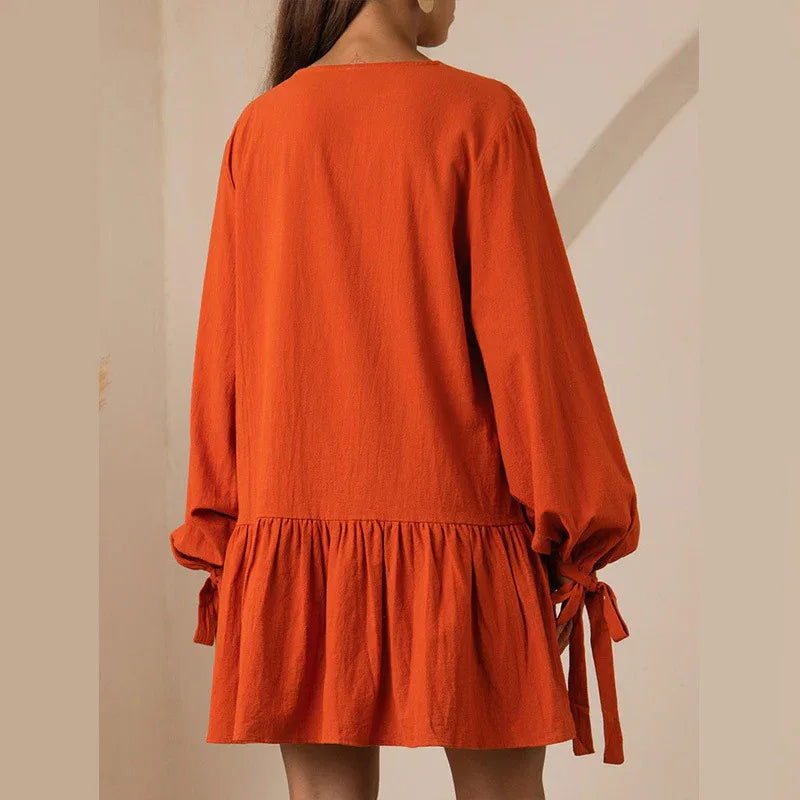 Orange V Neck Puff Sleeve Ruffle Mini Dress Bazaare Mart Long Sleeve Mini Dress