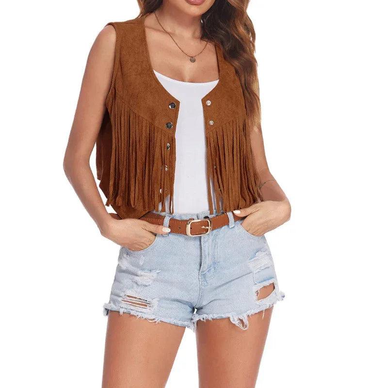 Women's Retro Suede Short Tassel Vest Khaki Bazaare Mart Faux Suede Fringe Vest