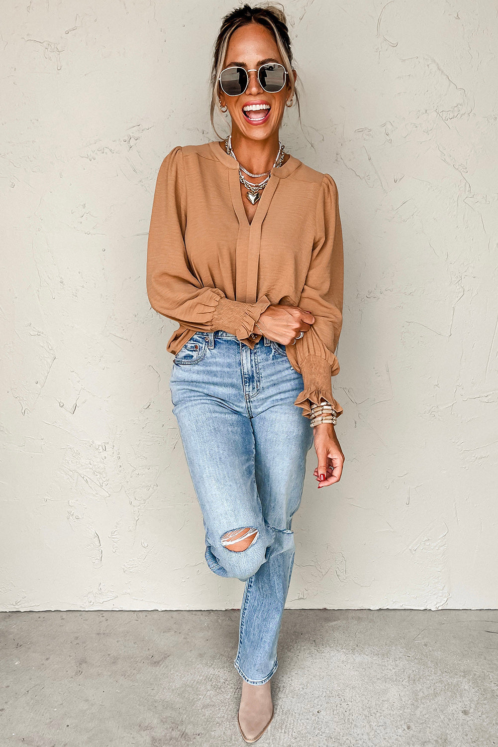 Khaki Long Sleeve Shirred Cuff V Neck Blouse