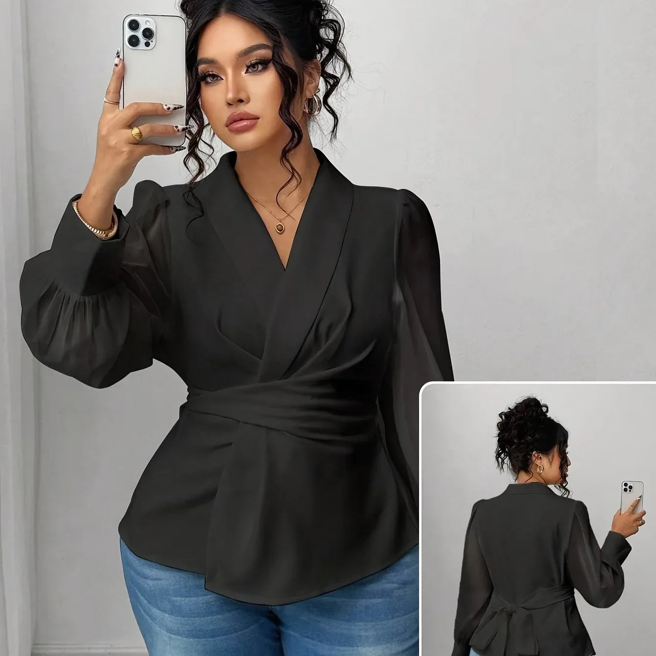 Mesh Semi-Sheer Wrap Button-Front Long Sleeve Blouse Black Bazaare Mart Mesh Wrap Long Sleeve Blouse