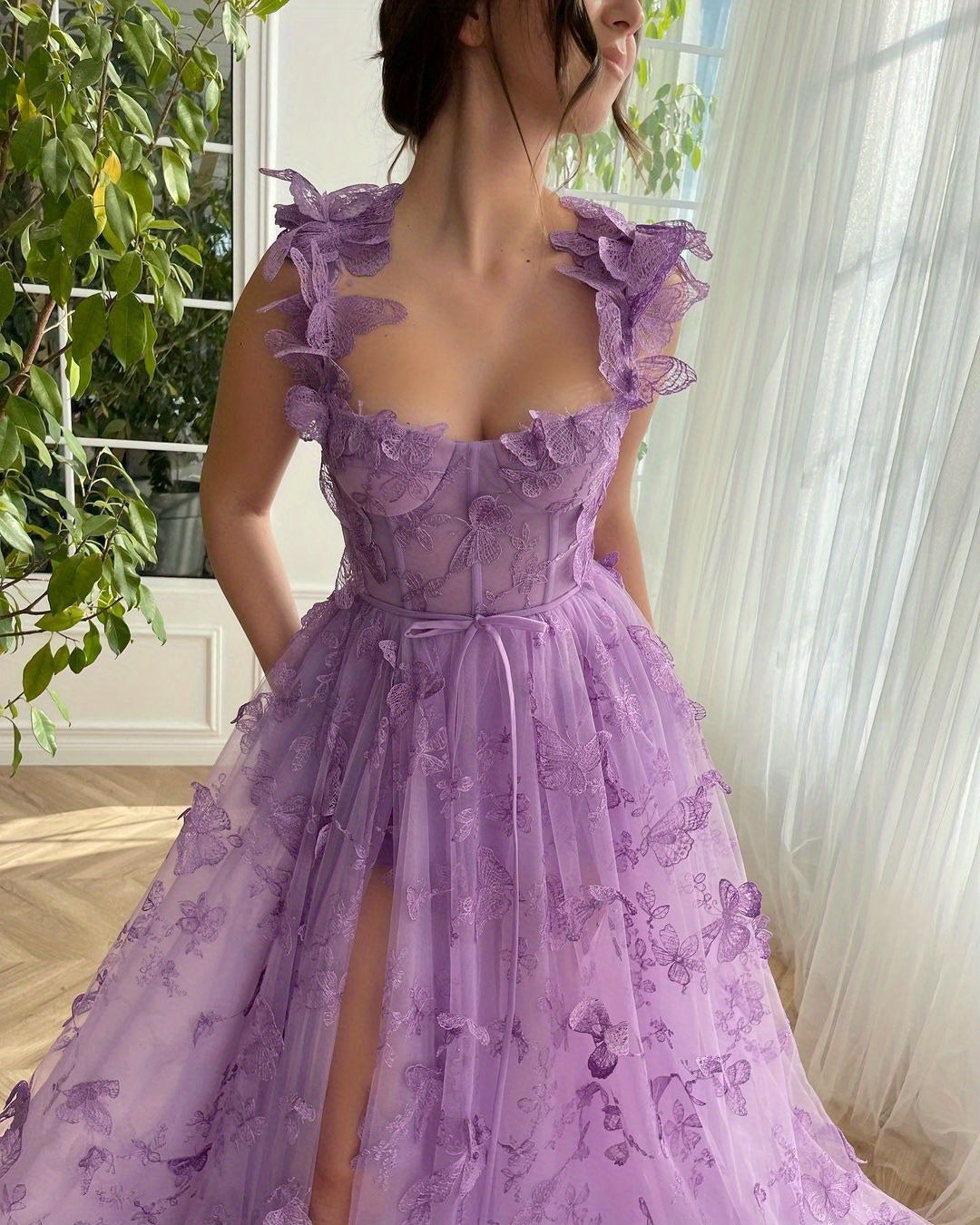Elegant Long Sheer Flowy Floral & Butterfly Lace Gown