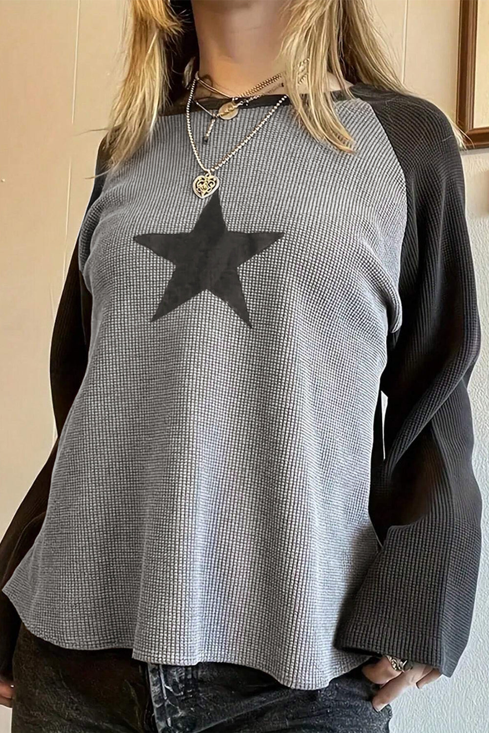 Grey Waffle Knit Colorblock Star Raglan Top