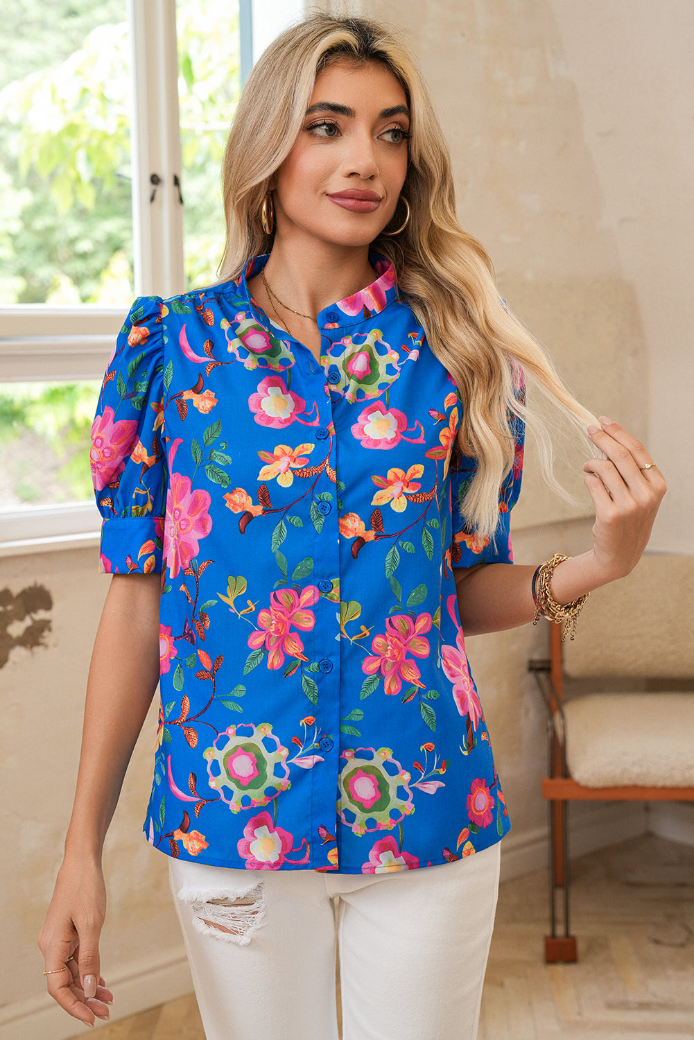 Blue Puff Sleeve Button Up Boho Floral Blouse Shewin Blouses