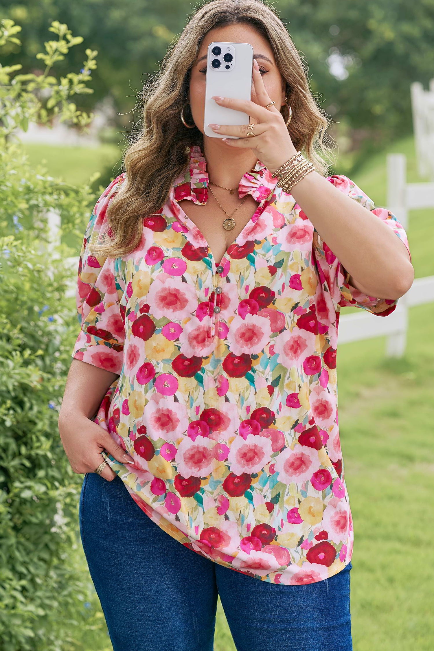 Plus Size Floral Split V-Neck Top – Puff Sleeve Button Detail Blouse Dear-Lover Dropshipping Plus Size/Plus Size Tops/Plus Size Blouses & Shirts