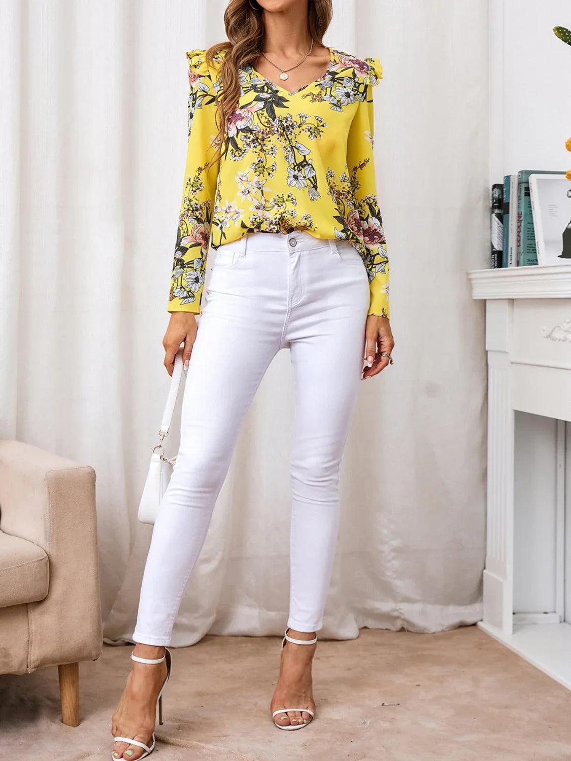 Ruffled Printed V-Neck Long Sleeve Blouse Bazaare Mart Ruffled Printed V-Neck Long Sleeve Blous