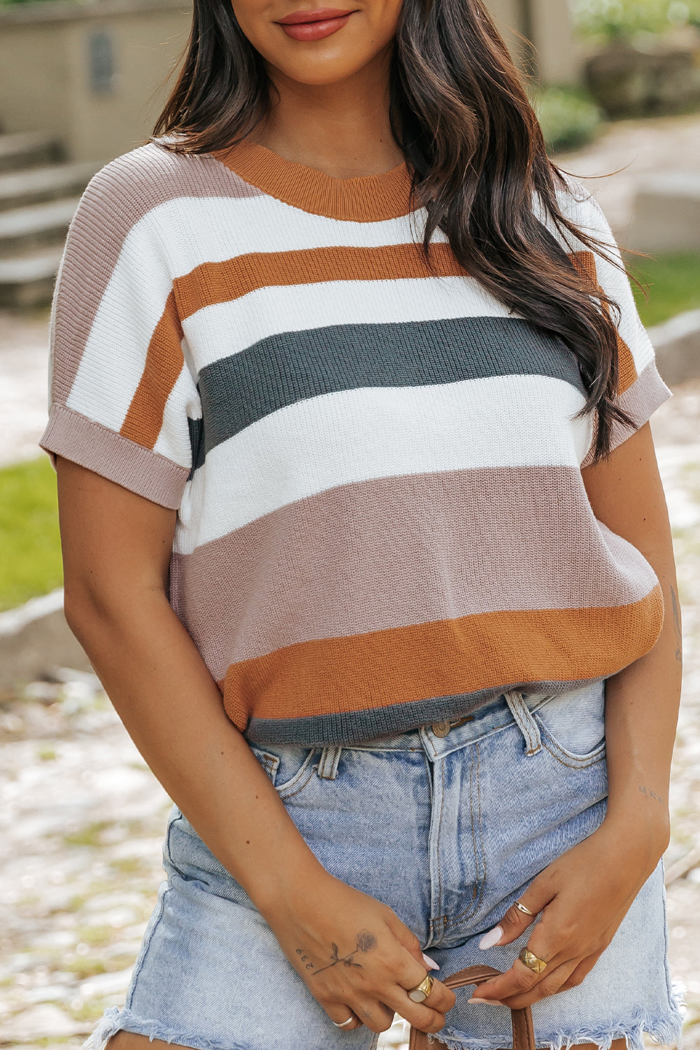 Taupe Classic Round Neck Colorblock Knit Sweater