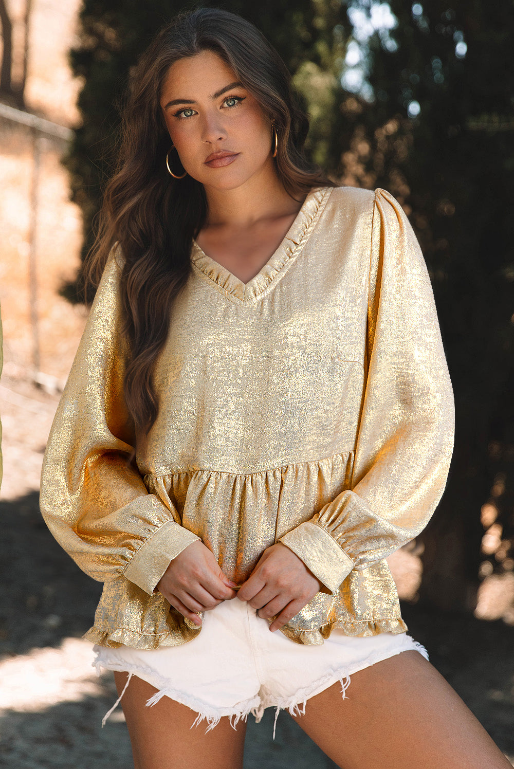 Gold Metallic V Neck Long Puff Sleeve Blouse