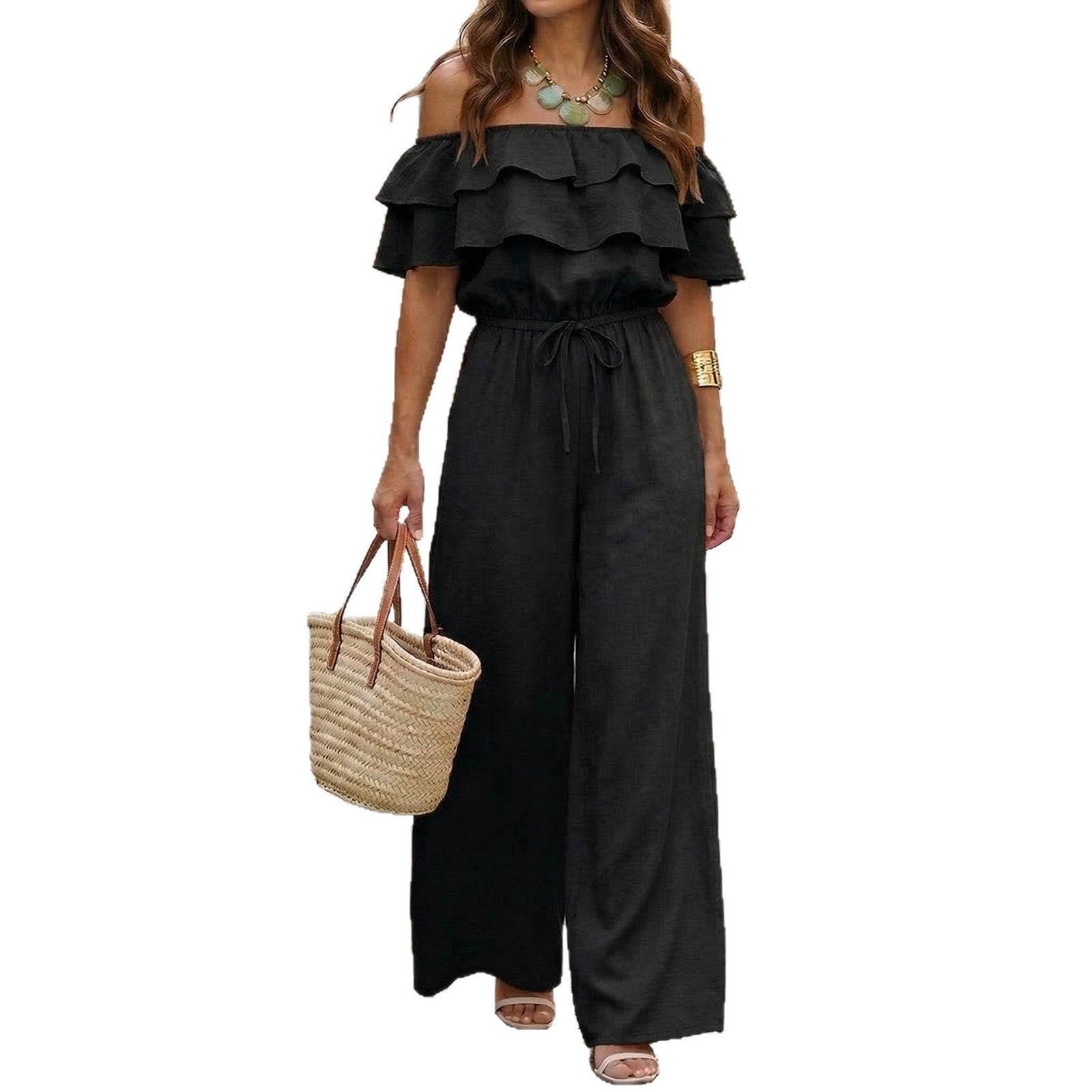 Women’s Ruffled Off-Shoulder Cinched Waist Wide Leg Jumpsuit CJ Dropshipping Ruffle Top Jumpsuit