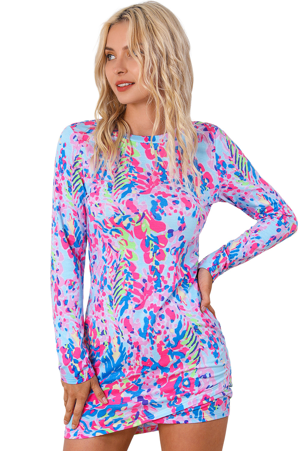 Multicolor Printed 3/4 Sleeve Split Neck Plus Size Tunic Top