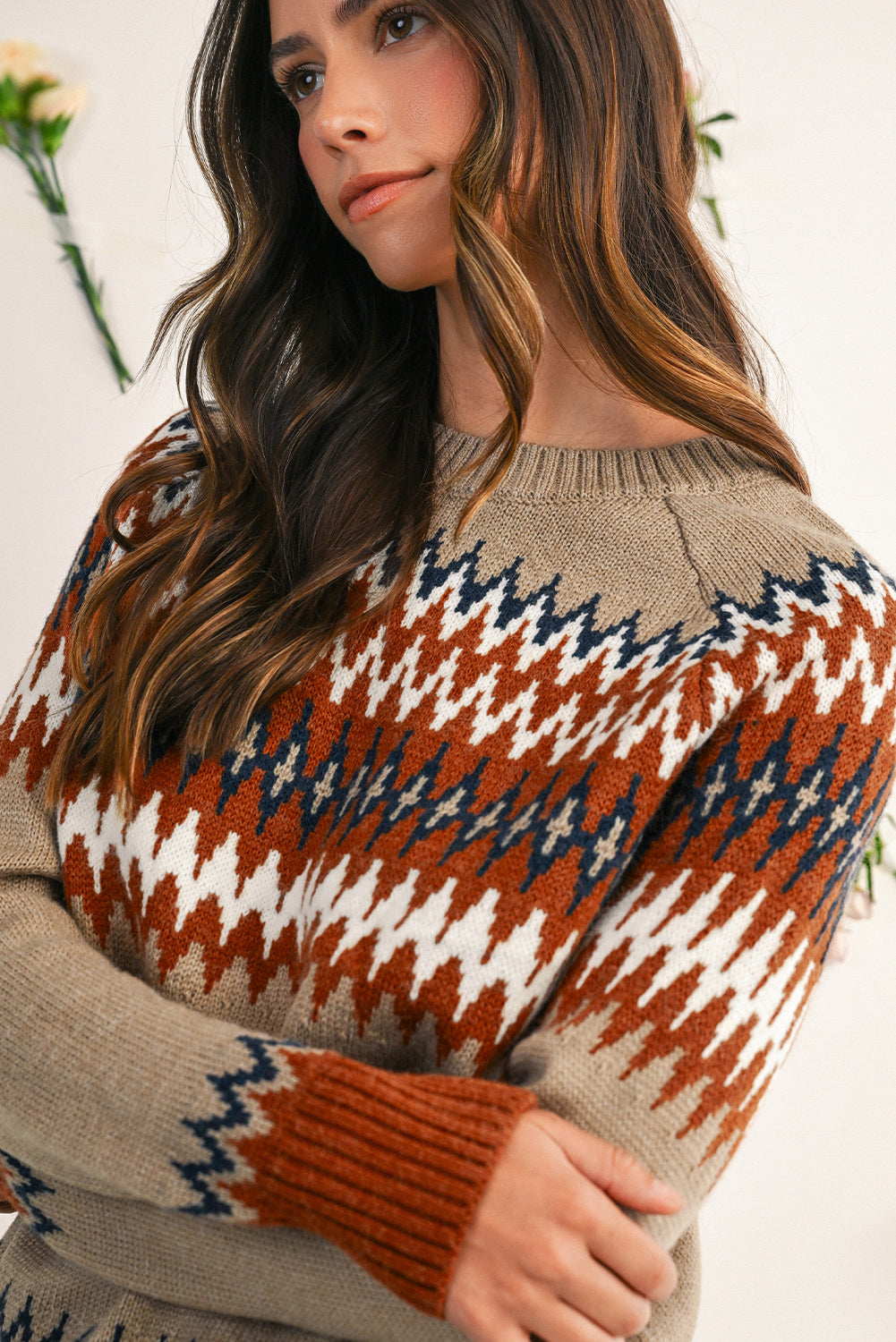Khaki Geo Print Color Block Crew Neck Sweater