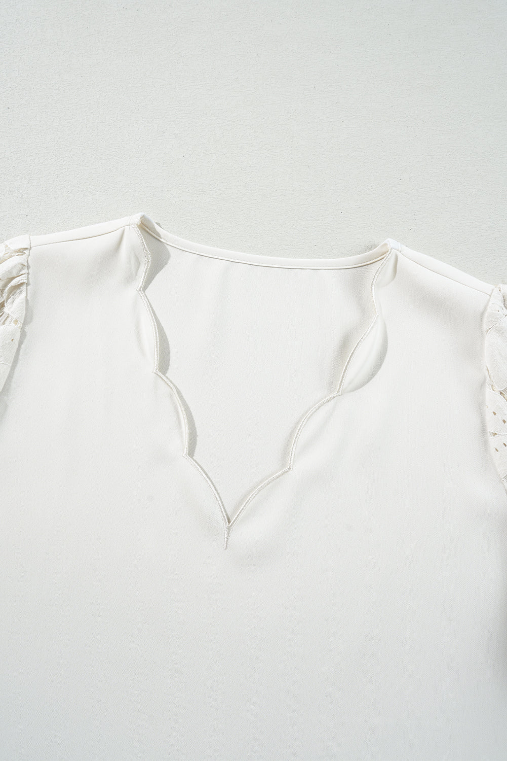 White Scalloped V Neck Hollowed Lace Lantern Sleeve Blouse