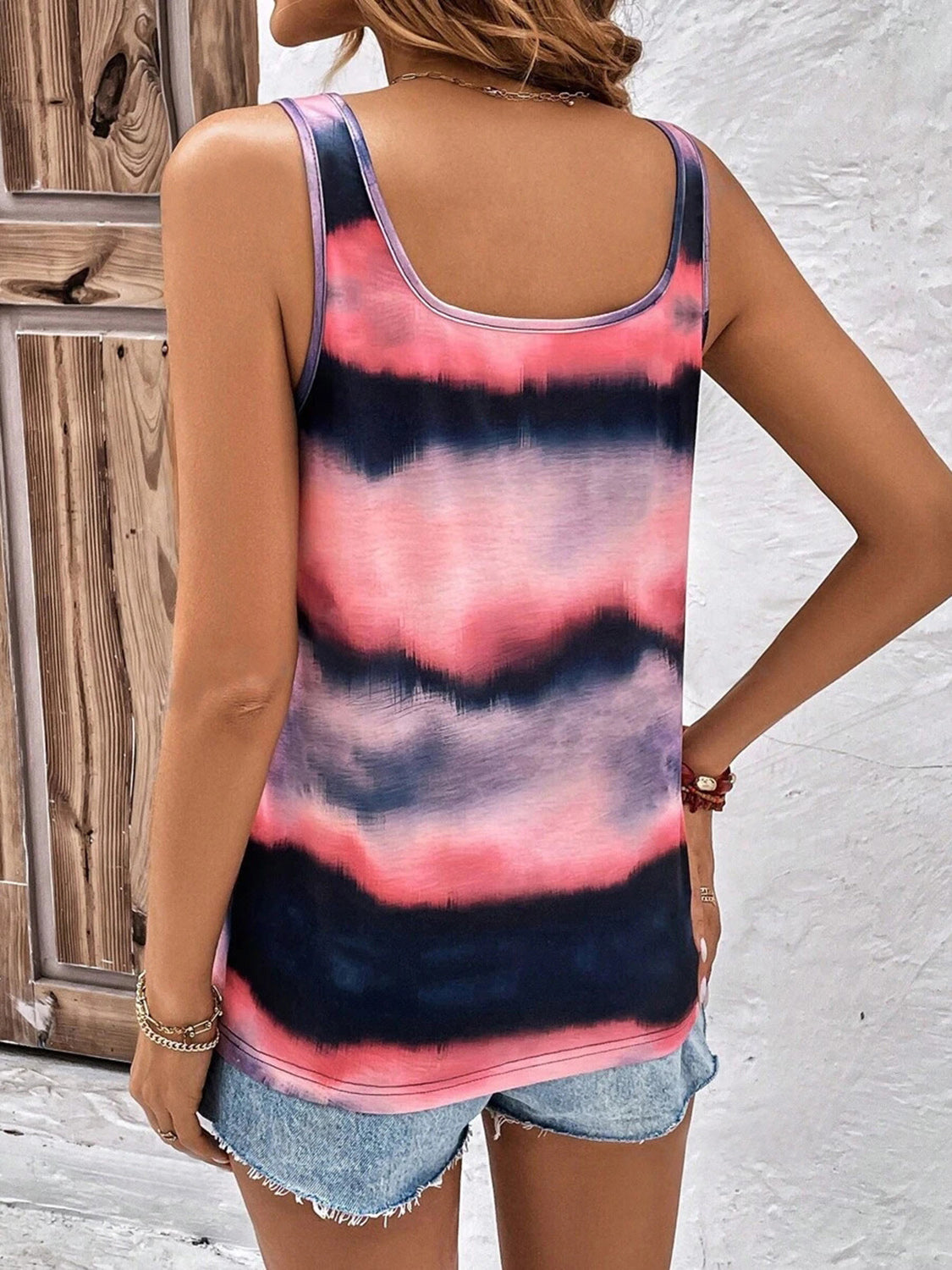 Back of Coral Striped Tie-Dye Tank Top