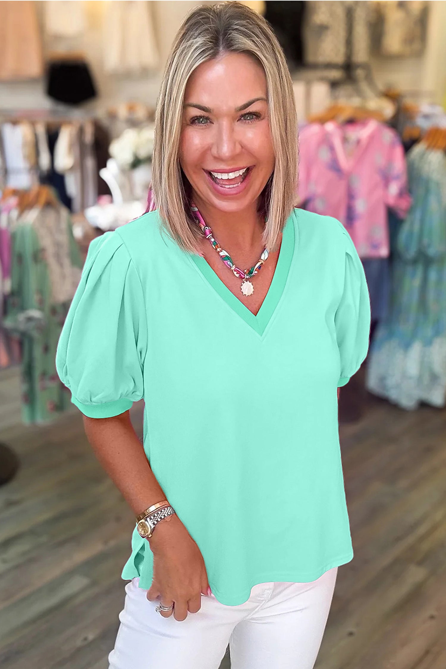 Yellow Solid Color V Neck Short Puff Sleeve Blouse Dear-Lover Dropshipping Tops/Blouses & Shirts