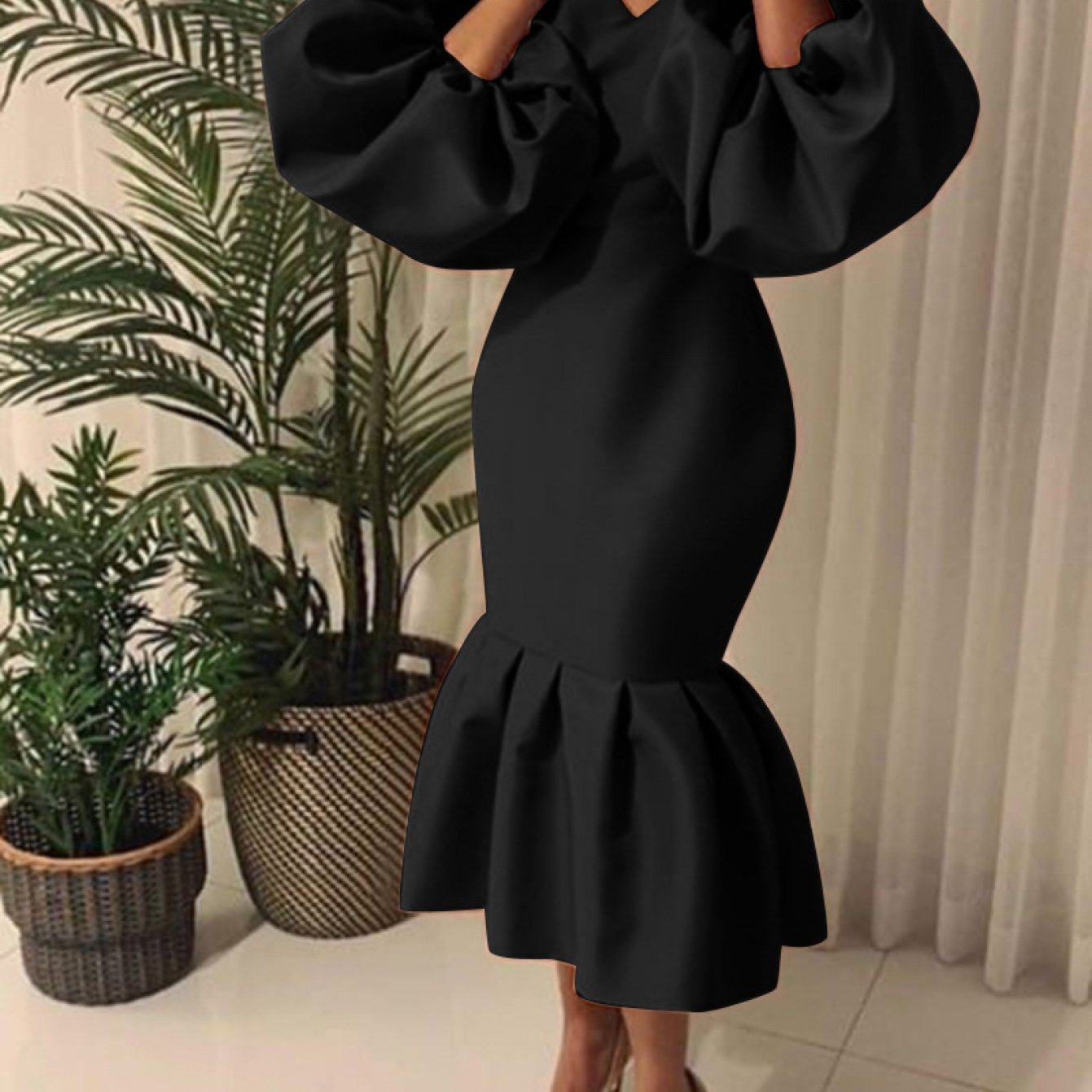 Cowl Neck Balloon Sleeve Mermaid Dress