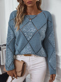 Openwork Round Neck Long Sleeve Pullover Sweater Dusty Blue Bazaare Mart Blue Diamond Pullover