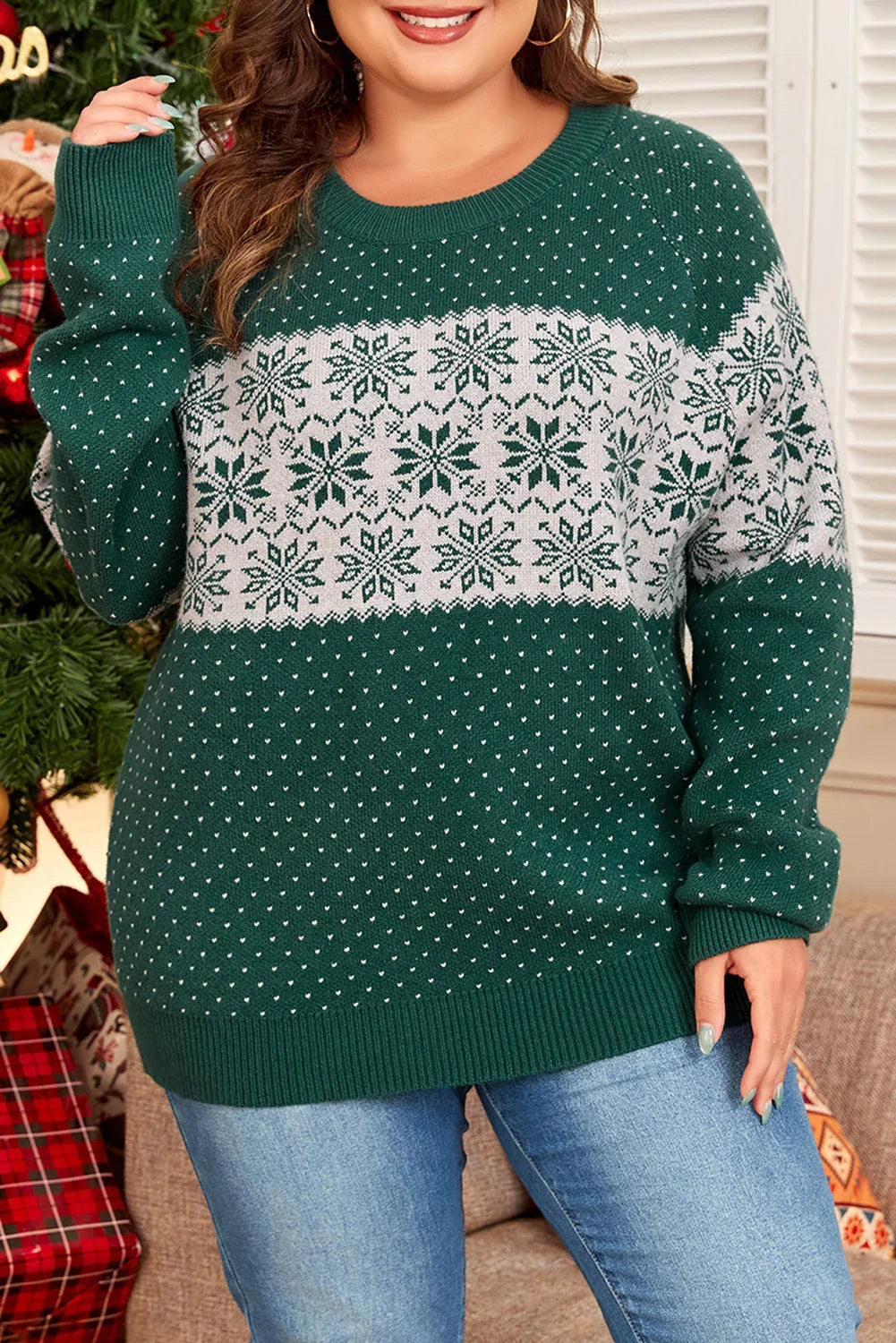 Green Snowflake Pattern Drop Shoulder Sweater Bazaare Mart Plus Size Sweaters