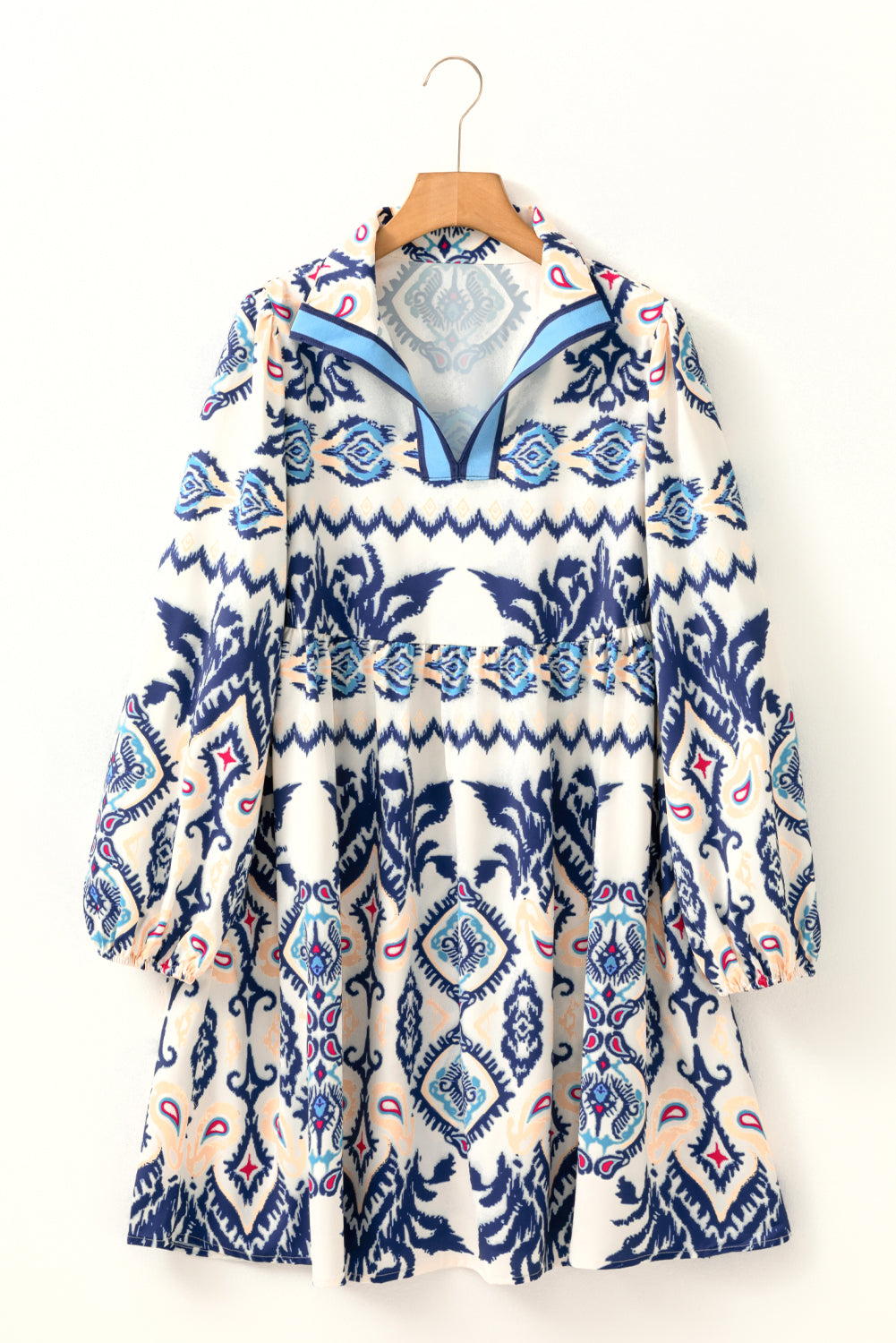 Blue Ethnic Print Mini Dress – Striped Split Neck Long Sleeve Flowy Dress Dear-Lover Dropshipping Dresses/Mini Dresses
