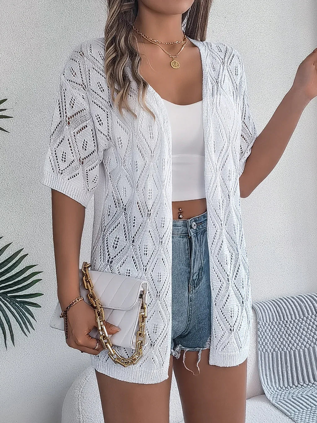 Openwork Open Front Half Sleeve Cardigan White Trendsi Openwork Open Front Half Sleeve Cardigan
