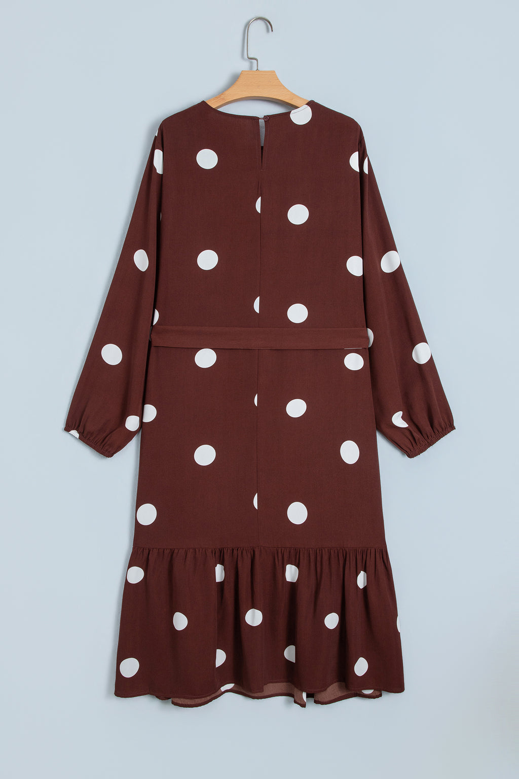 Brown Polka Dot Ruffled Hem Long Sleeve Tie Waist Plus Size Dress