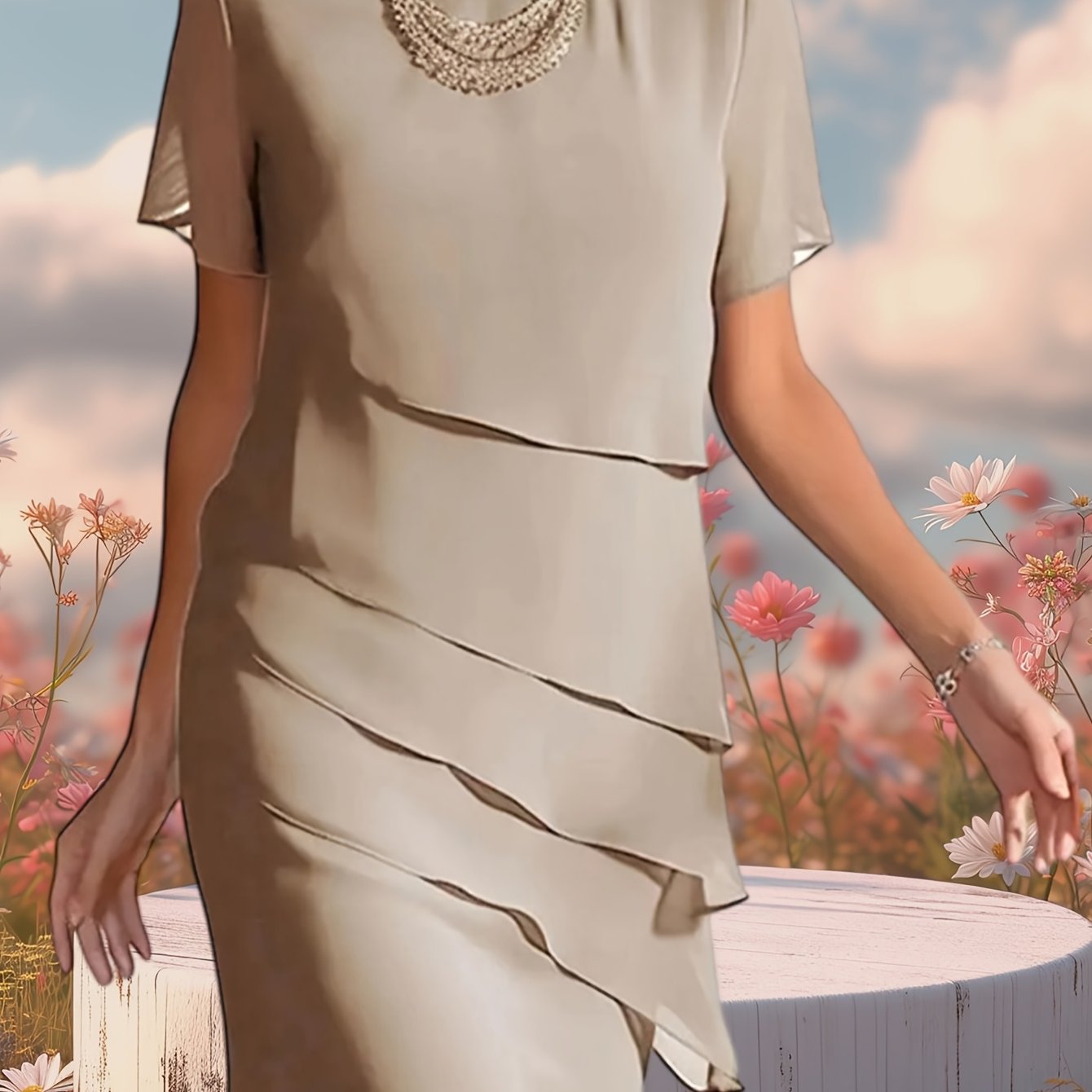 Short Sleeve Layered Slim Fit Chiffon Dress
