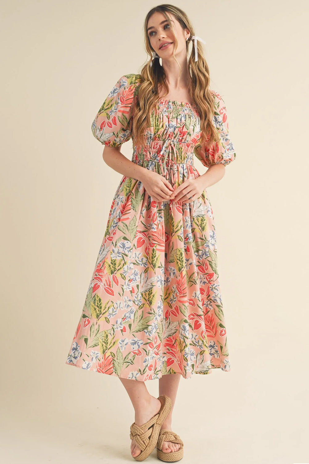Apricot Floral Smocked Bust Bubble Half Sleeve Midi Dress