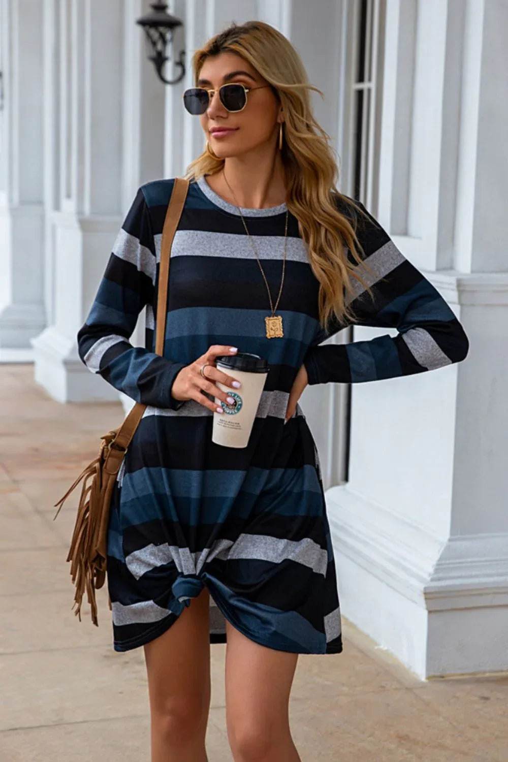 Striped Round Neck Long Sleeve Dress Bazaare Mart Striped Round Neck Long Sleeve Dress