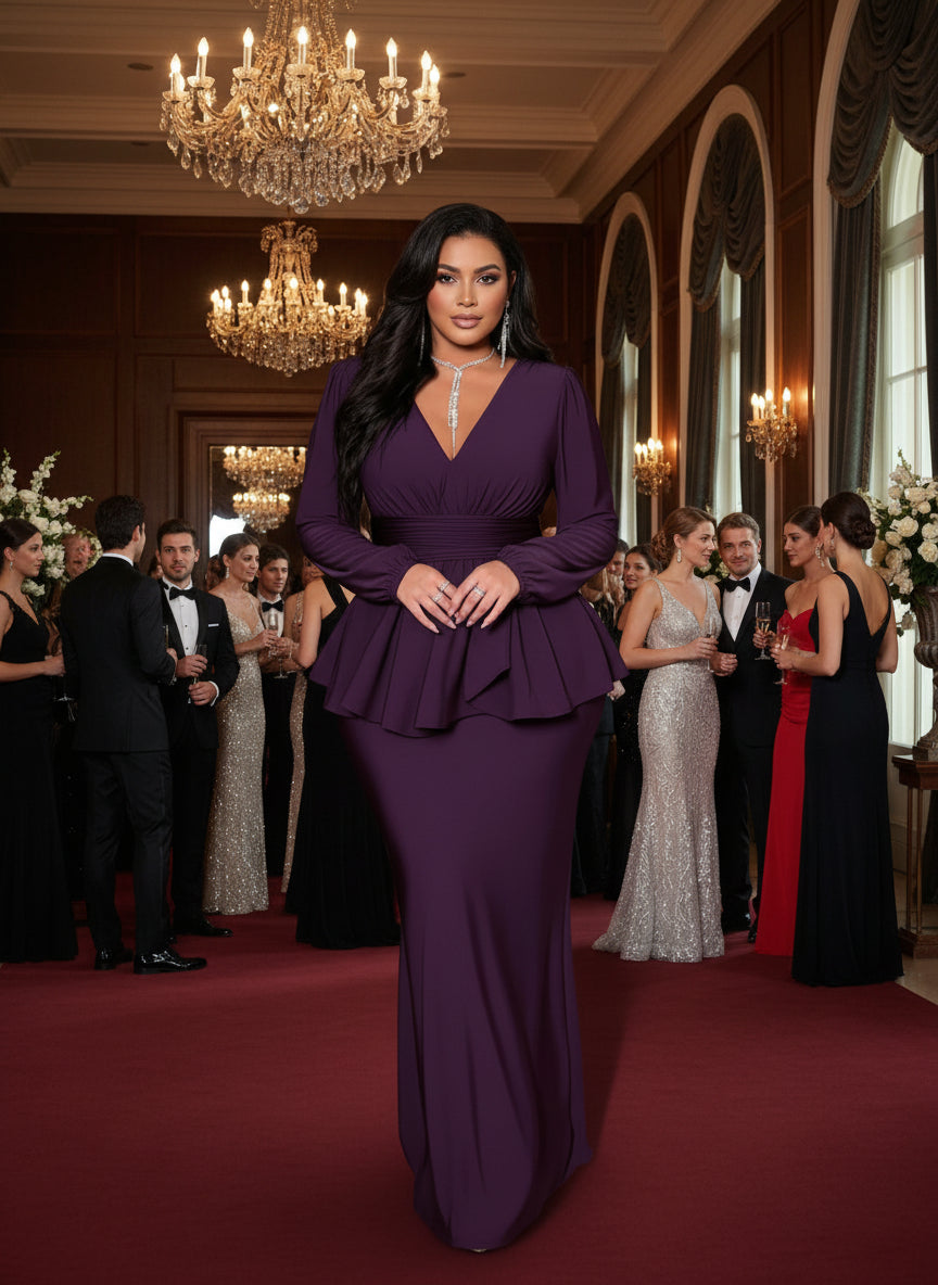 Purple V-Neck Peplum Belted Top + Maxi Skirt 2pc Set